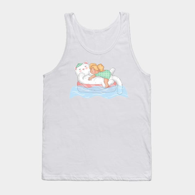 Little girl and big cat swimming in the ocean Tank Top by Athikan